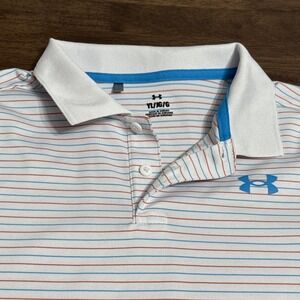 Under Armour Heat Gear Polo Golf Shirt Youth Large Red White Blue Striped YLG